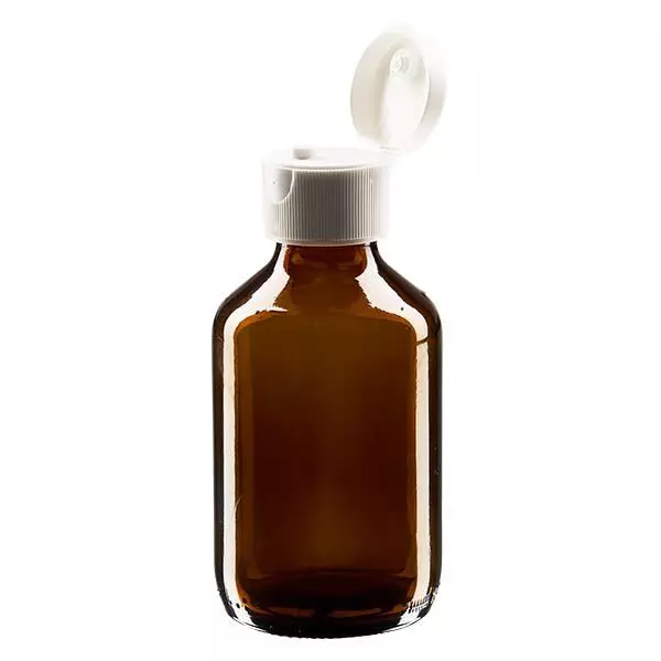 Frasco de medicamento de 150ml castanho, com tampa flip-top ApoGlas Frasco de medicamento de 150ml castanho, com tampa flip-top ApoGlas