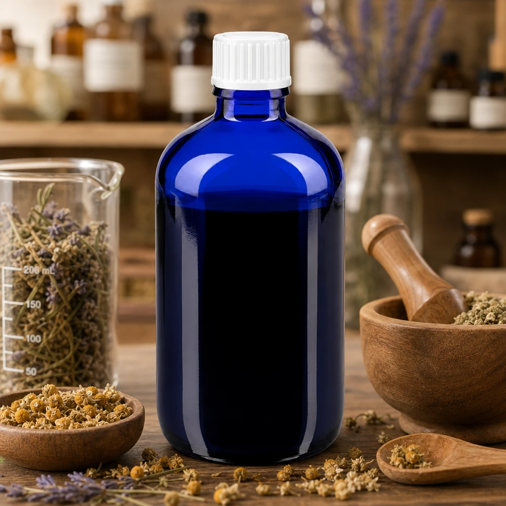 Frasco de farmácia azul 100ml tampa de rosca branco globules standard Frasco de medicamento azul de 100 ml, em vidro com proteção UV, com tampa de rosca branca, entre ervas medicinais