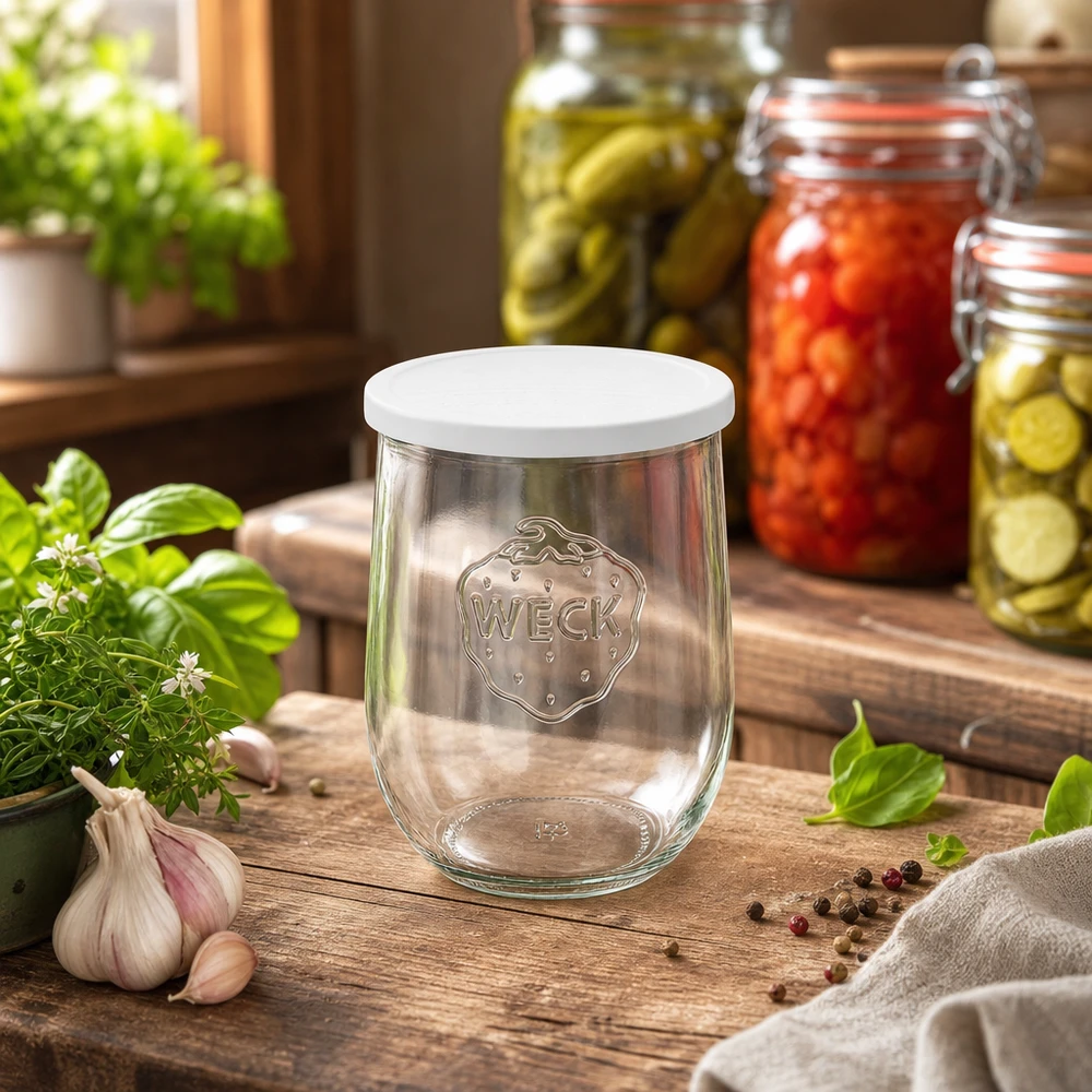 Frasco tulipa de 1062ml com tampa de frescura WECK RR100 Jarro tulipa WECK 1062ml na cozinha com legumes em conserva e ervas frescas dispostas de forma decorativa
