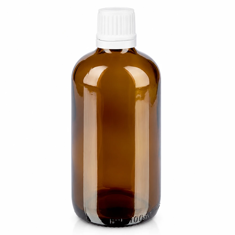 Frasco de farmácia castanho 100ml tampa de rosca branca fecho inviolável Frasco de vidro castanho de farmácia com 100 ml e tampa de rosca branca de 11 mm