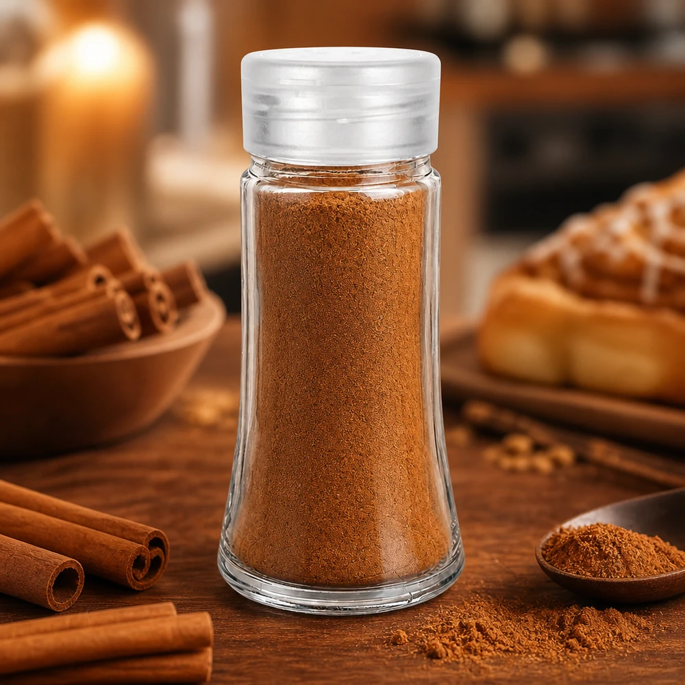 Canela em pó num frasco transparente para especiarias de 95 ml, com um espalhador de plástico branco, sobre uma mesa de madeira