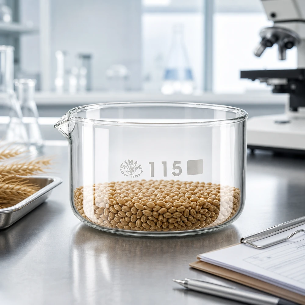 Prato de cristalização de 500ml com bico em borosilicato ø115mm Bandeja de cristalização SIMAX de 500 ml, cheia de grãos de trigo, para análise laboratorial, em vidro borossilicato, ø 115 mm