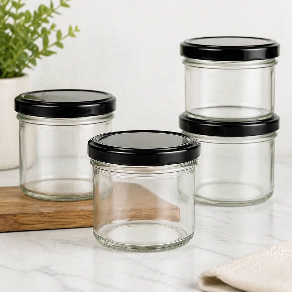 Quatro copos de 125 ml com tampas BasicSeal pretas empilhados numa tábua de madeira e numa mesa de mármore para decoração de cozinha