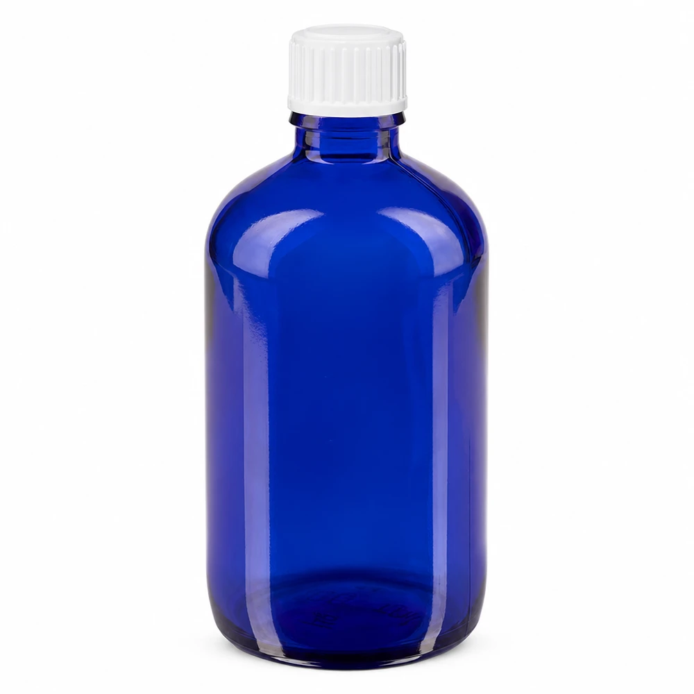 Frasco de farmácia azul de 100 ml, em vidro borossilicato, com tampa conta-gotas branca de 0,9 mm