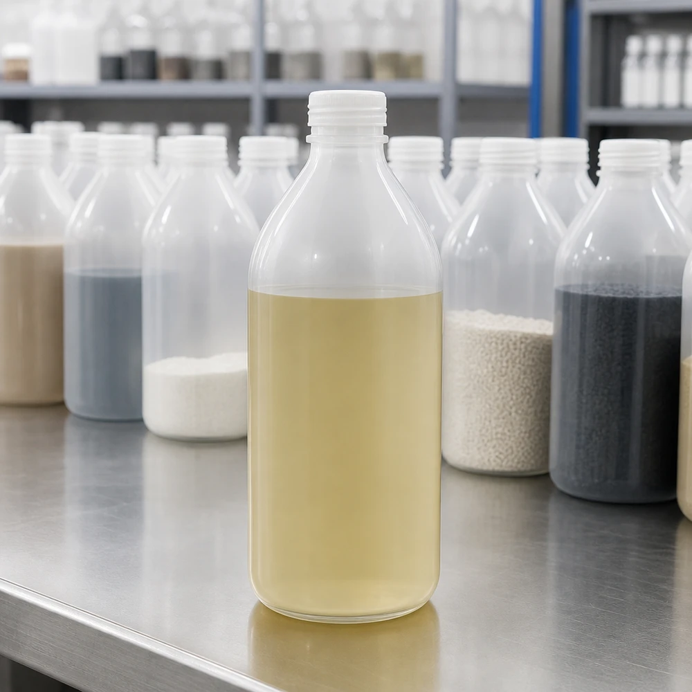 Frasco de laboratório de 500ml com gargalo estreito e sem tampa Frasco de laboratório de gargalo estreito de 500 ml, sem tampa, com um líquido amarelado sobre uma superfície de aço inoxidável