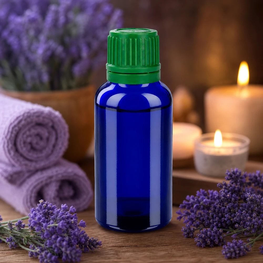 Frasco de 30 ml da série BlueLine com rosca UT18/30 e tampa SV de segurança para crianças verde