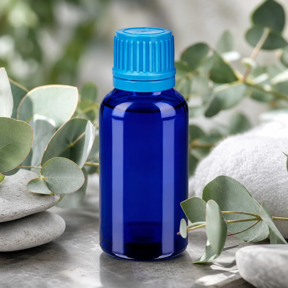 Frasco de vidro BlueLine elegante de 30 ml com tampa com ranhuras para apresentação profissional do produto
