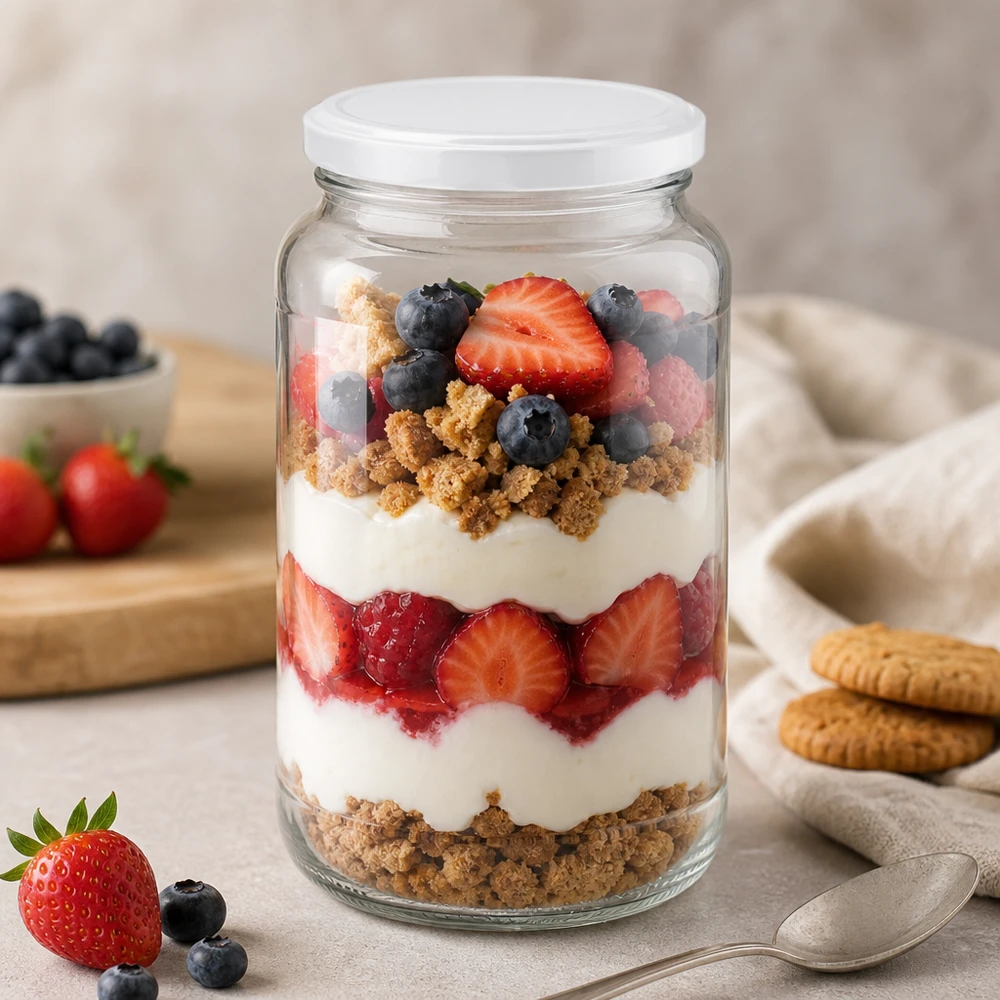 Frasco redondo de 1700 ml com tampa BasicSeal como frasco de sobremesa para um doce de frutos silvestres recheado com iogurte e migalhas de biscoito