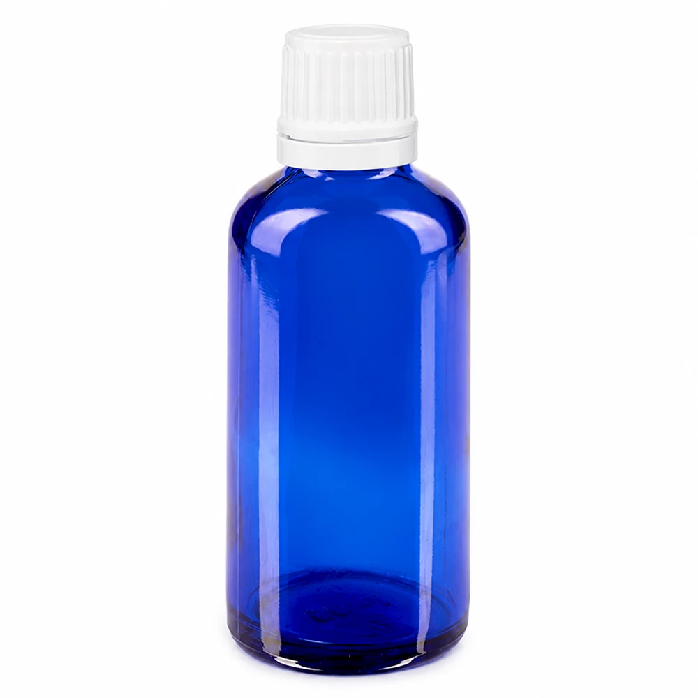 Frasco de farmácia azul 50ml tampa de rosca branca fecho inviolável Frasco de vidro azul de farmácia com 50 ml, com tampa de rosca branca e selo de originalidade
