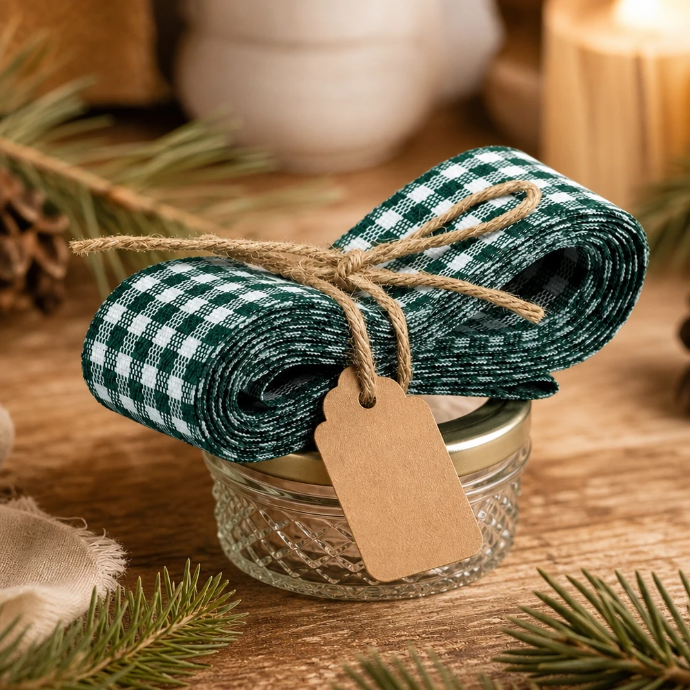 Fita de tecido verde/branca para decoração, 300 cm Grün-weißes kariertes Stoffband 300cm mit Kraftpapier-Anhänger um Glasschale gebunden als natürliche Geschenkdeko