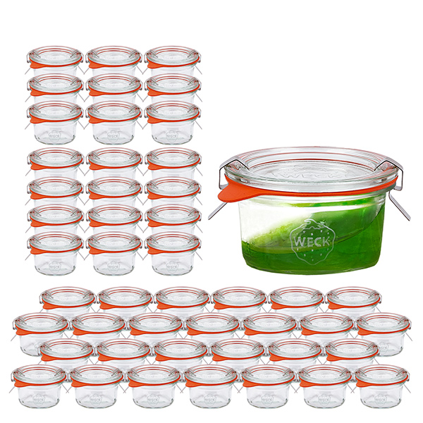 Conjunto de 48 copos de vidro Weck 50ml com 48 tampas de vidro Conjunto de 48 copos de vidro Weck 50ml com 48 tampas de vidro