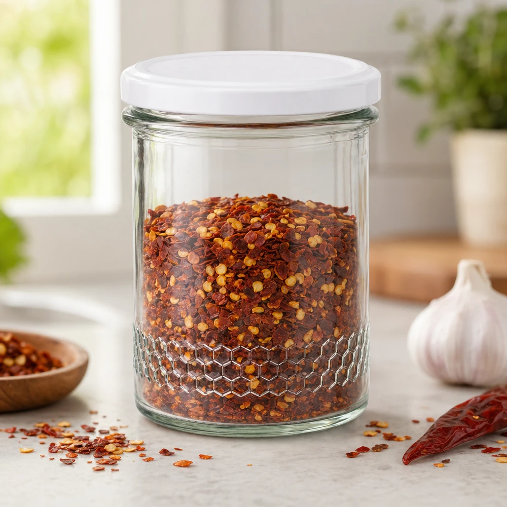 Frasco de mel de 400 ml com tampa branca como frasco de especiarias para flocos de malagueta Arrumação de cozinha Padrão de favo de mel na base do frasco