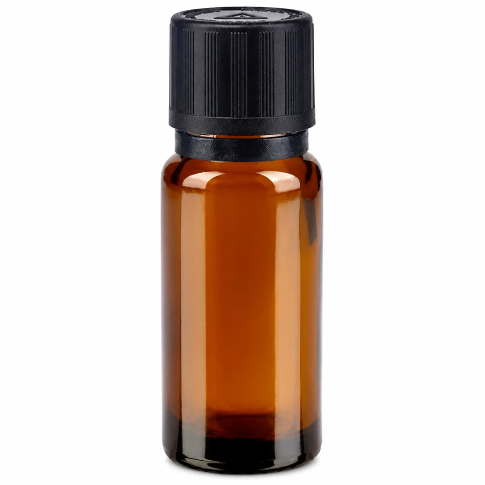 Frasco de vidro castanho de 10 ml com tampa conta-gotas preta e selo de inviolabilidade para uso farmacêutico