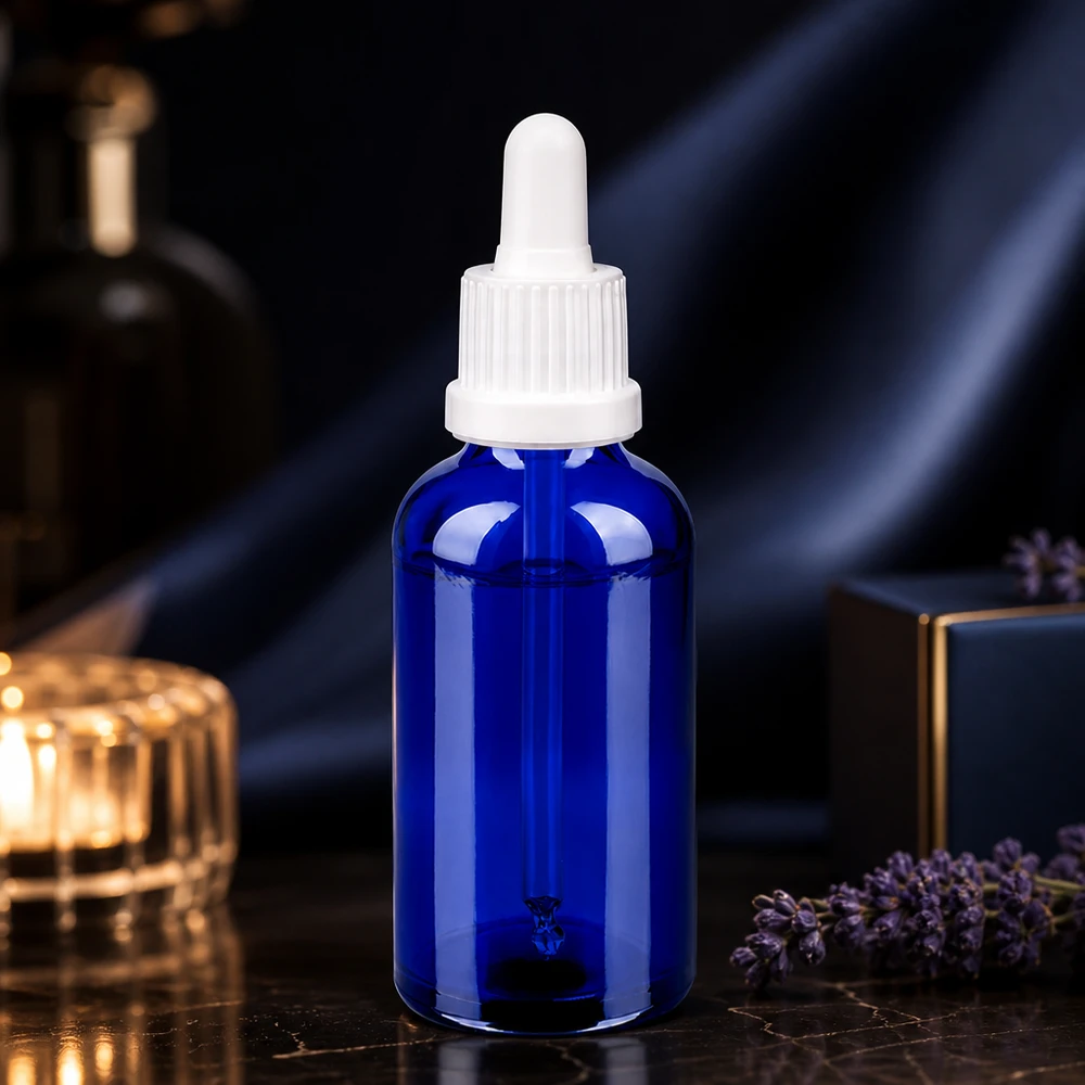 Frasco pipeta de 50 ml branco com fecho inviolável BlueLine UT18/50 Frasco de pipeta compacto de 50 ml azul OV BlueLine UT18/50 ideal para soros e tinturas