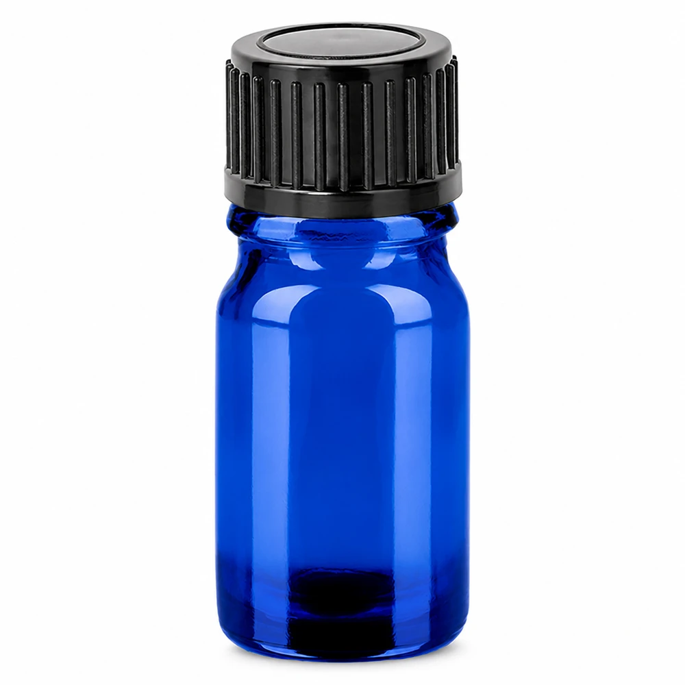 Frasco de 5ml 11mm com tampa de rosca preta Standard BlueLine UT18/5 Frasco de vidro azul de 5 ml com tampa de rosca preta para óleos essenciais e cosméticos