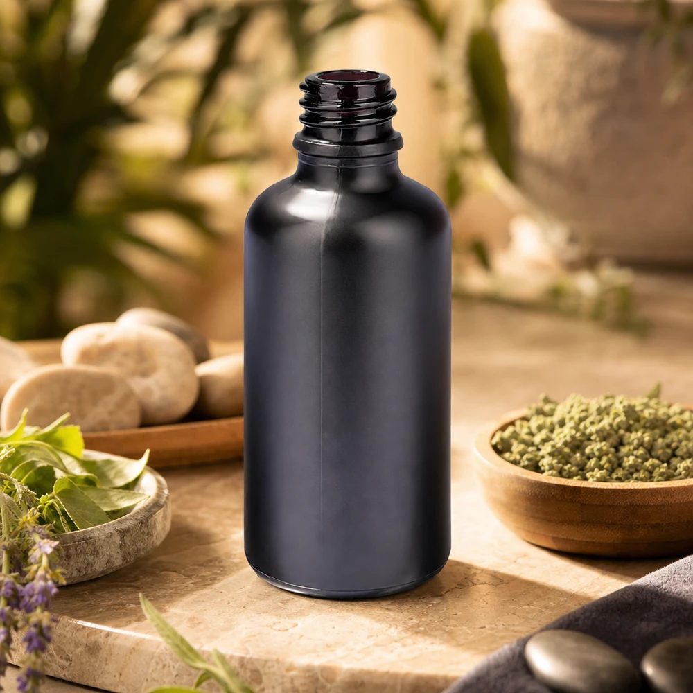 Frasco de boticário de 50 ml BlackLine UT18/50 UNiTWIST com vidro violeta de proteção da luz para aromaterapia