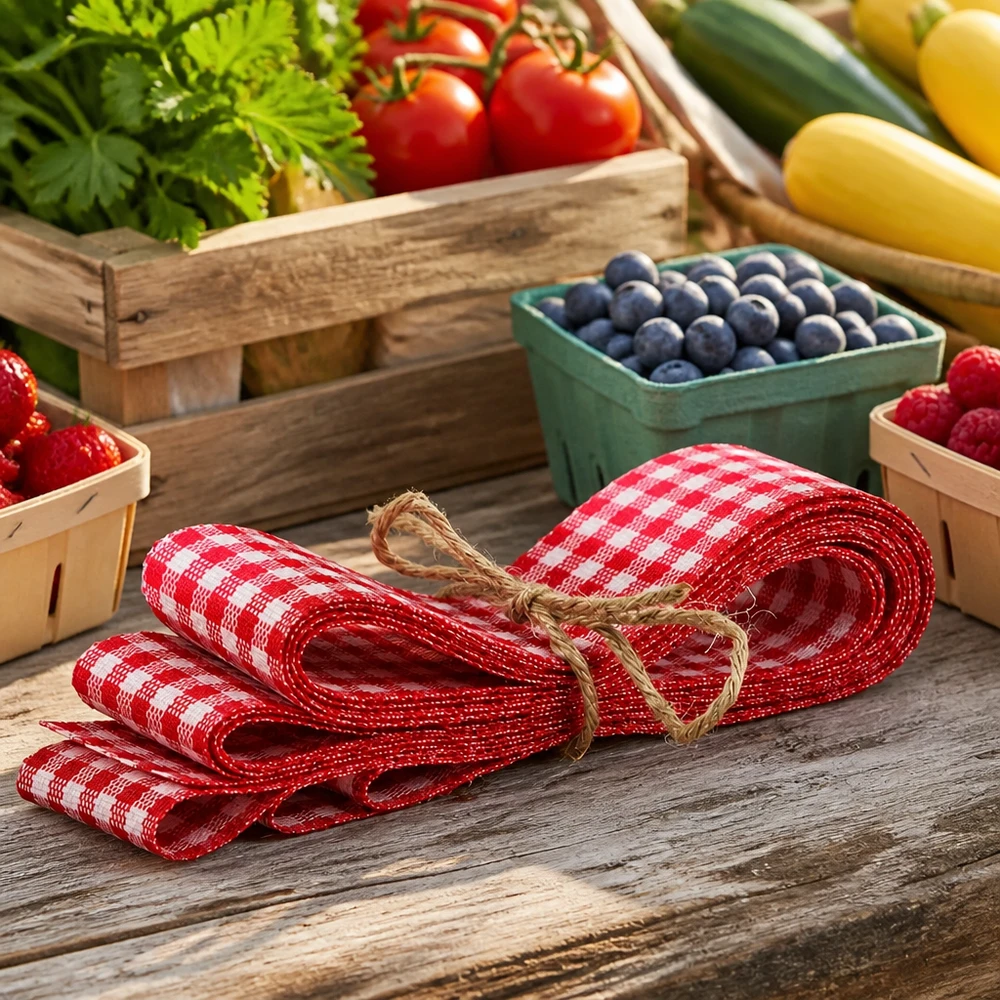 Fita de tecido vermelha/branca para decoração, 300 cm Fita de tecido axadrezado vermelho e branco de 300 cm enrolada numa mesa de madeira com bagas frescas, tomates e legumes ao estilo de uma casa de campo