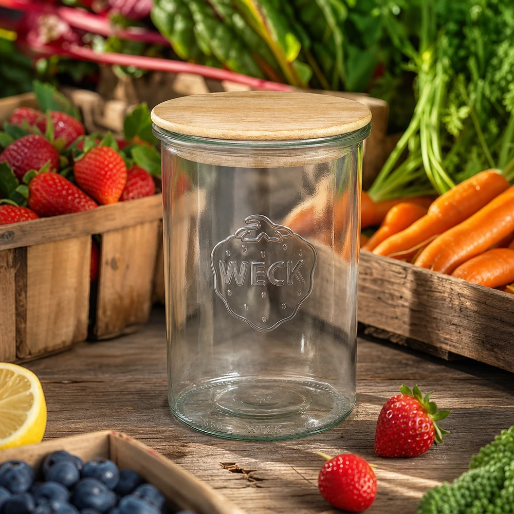 Copos WECK 1000ml RR100 com tampa de carvalho entre frutas e legumes frescos numa mesa de madeira Ambiente de cozinha