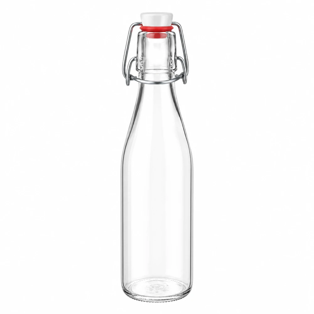 Garrafa de vidro de 250 ml + tampa basculante em PVC UNiTWIST Garrafa de vidro de 250 ml com tampa basculante e rolha branca, vidro transparente, sistema PVC UNiTWIST para bebidas
