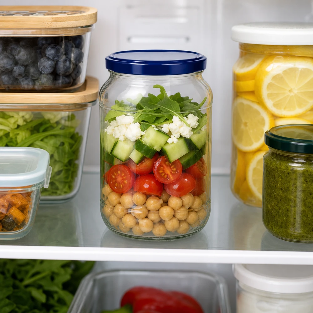 Frasco redondo de 1062 ml + tampa BasicSeal azul UNiTWIST Frasco redondo de 1062 ml UNiTWIST tampa azul salada em camadas grão-de-bico tomate pepino feta frasco de preparação de refeições para frigorífico