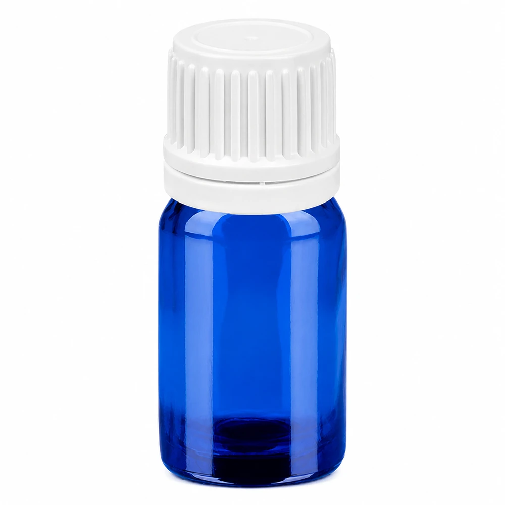 Frasco de 5 ml com tampa de rosca de 11 mm e fecho inviolável branco BlueLine UT18/5 Frasco de vidro de 5 ml azul com tampa de rosca branca para óleos essenciais e cosméticos