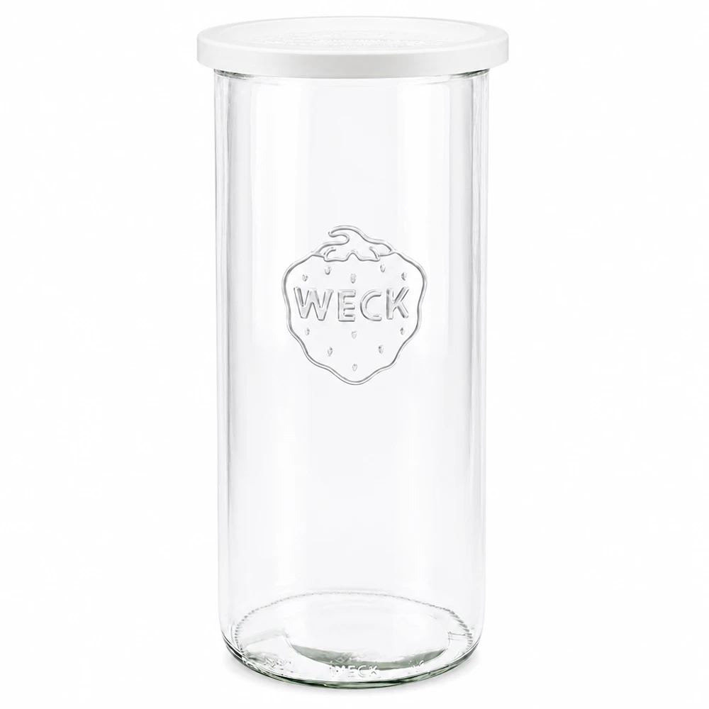 Frasco de conserva WECK 1500ml RR100 transparente com tampa branca fotografada frontalmente mostra o logótipo da marca gravado