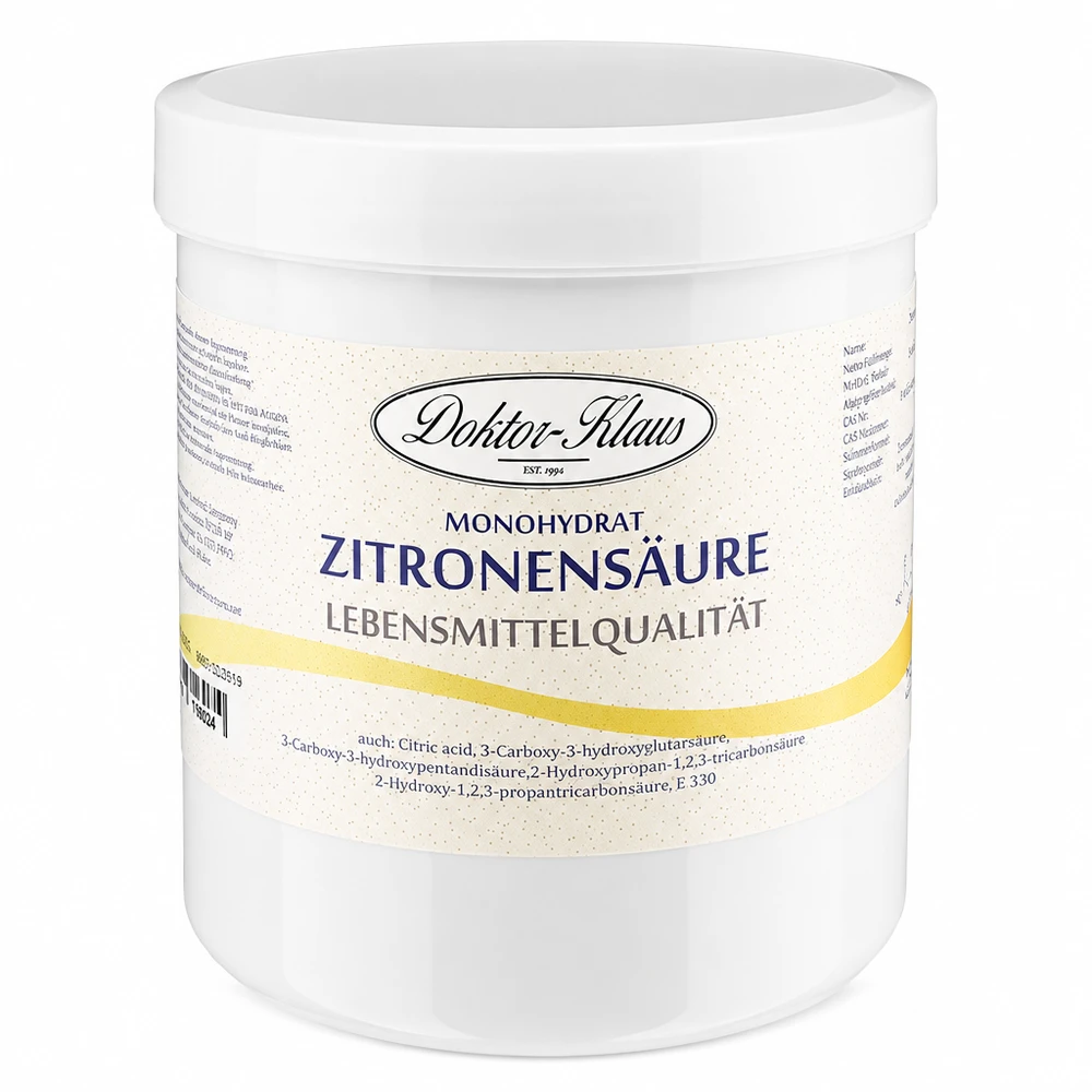 Ácido cítrico 500g Doktor-Klaus 500 g de ácido cítrico Doktor-Klaus mono-hidratado num recipiente de plástico branco para uso doméstico e na cozinha