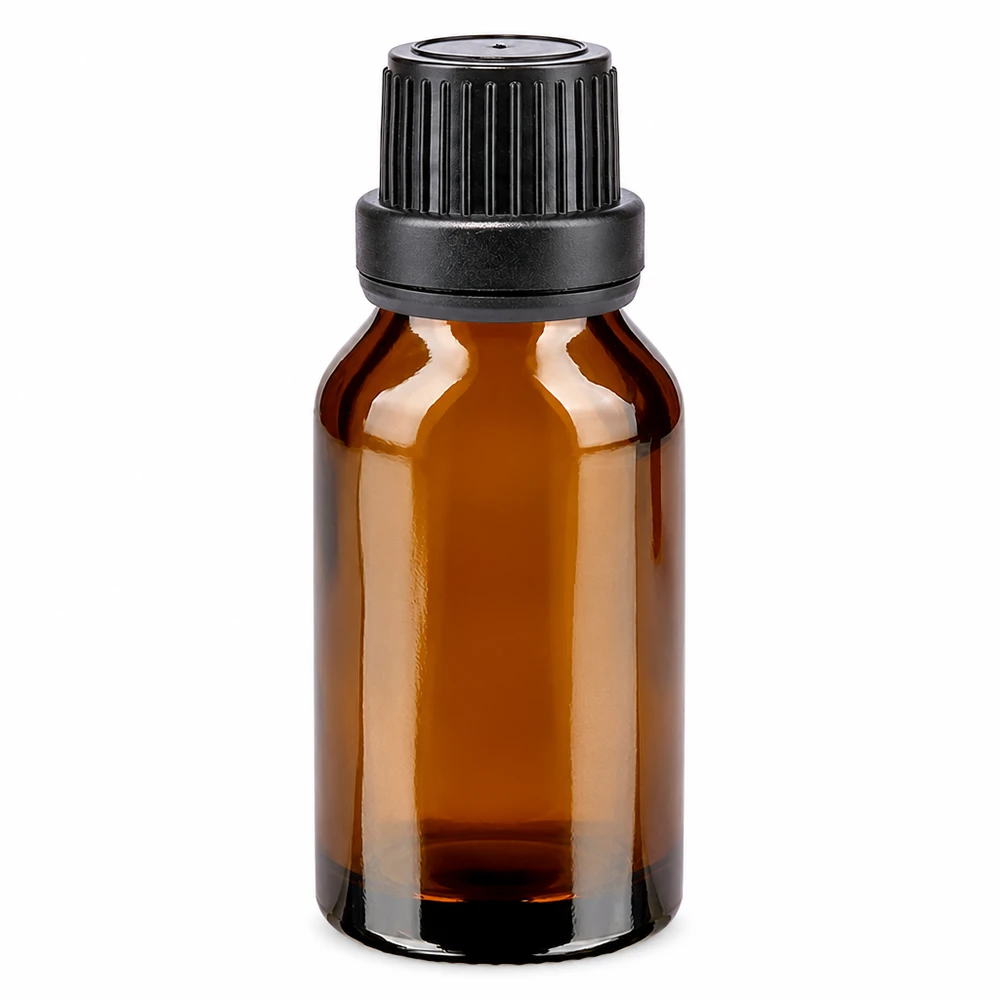 Frasco de farmácia castanho 15ml com tampa de rosca preta inviolável Frasco de farmácia castanho de 15 ml com tampa original preta e vedante de vidro castanho