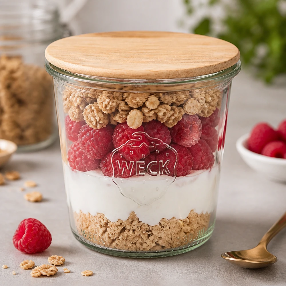 290ml Sturzglas hoch WECK RR80 mit Holzdeckel Copos WECK 290ml RR80 com tampa de madeira como frasco de sobremesa com iogurte, framboesas e muesli na cozinha