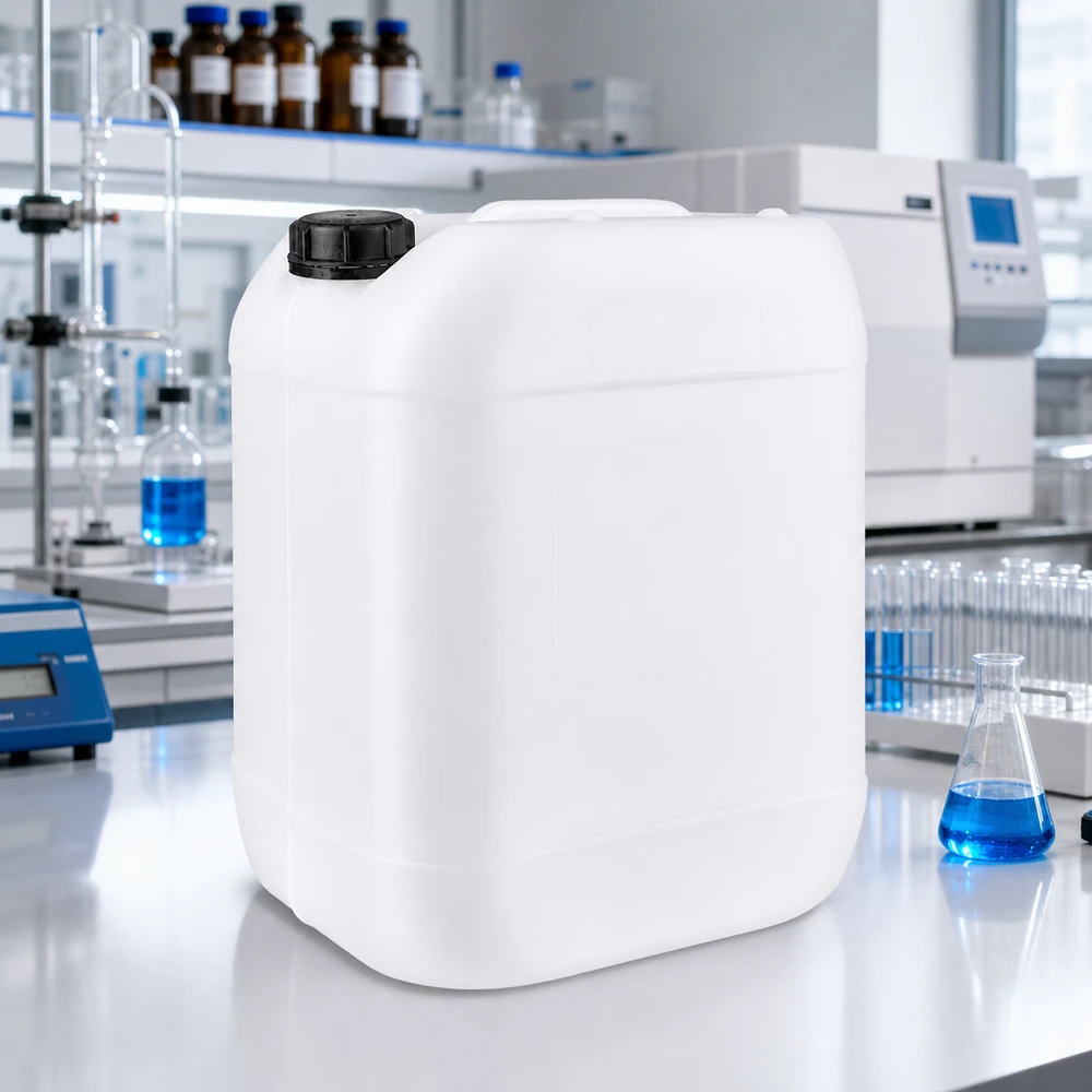 Recipiente retangular de HDPE de 20 L com tampa OV preta num laboratório moderno