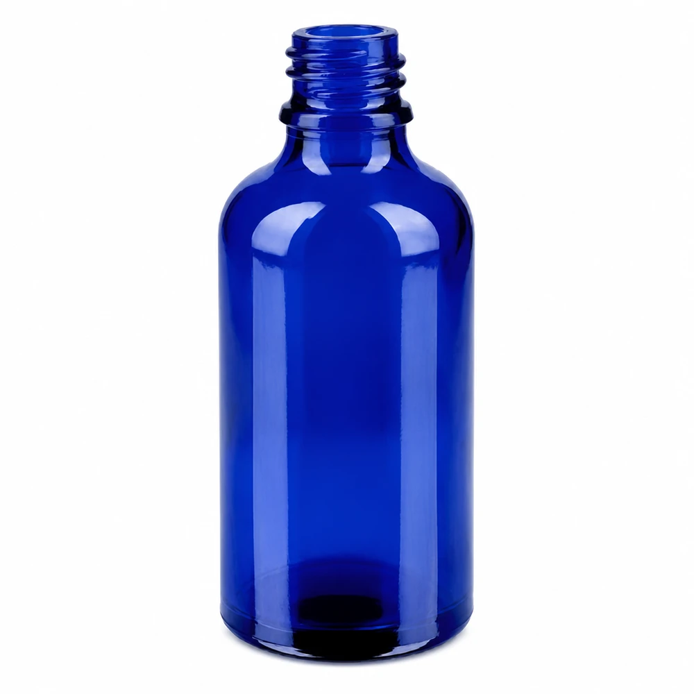 Frasco de vidro de 50 ml em azul cobalto com gargalo roscado para uma dosagem precisa de produtos cosméticos