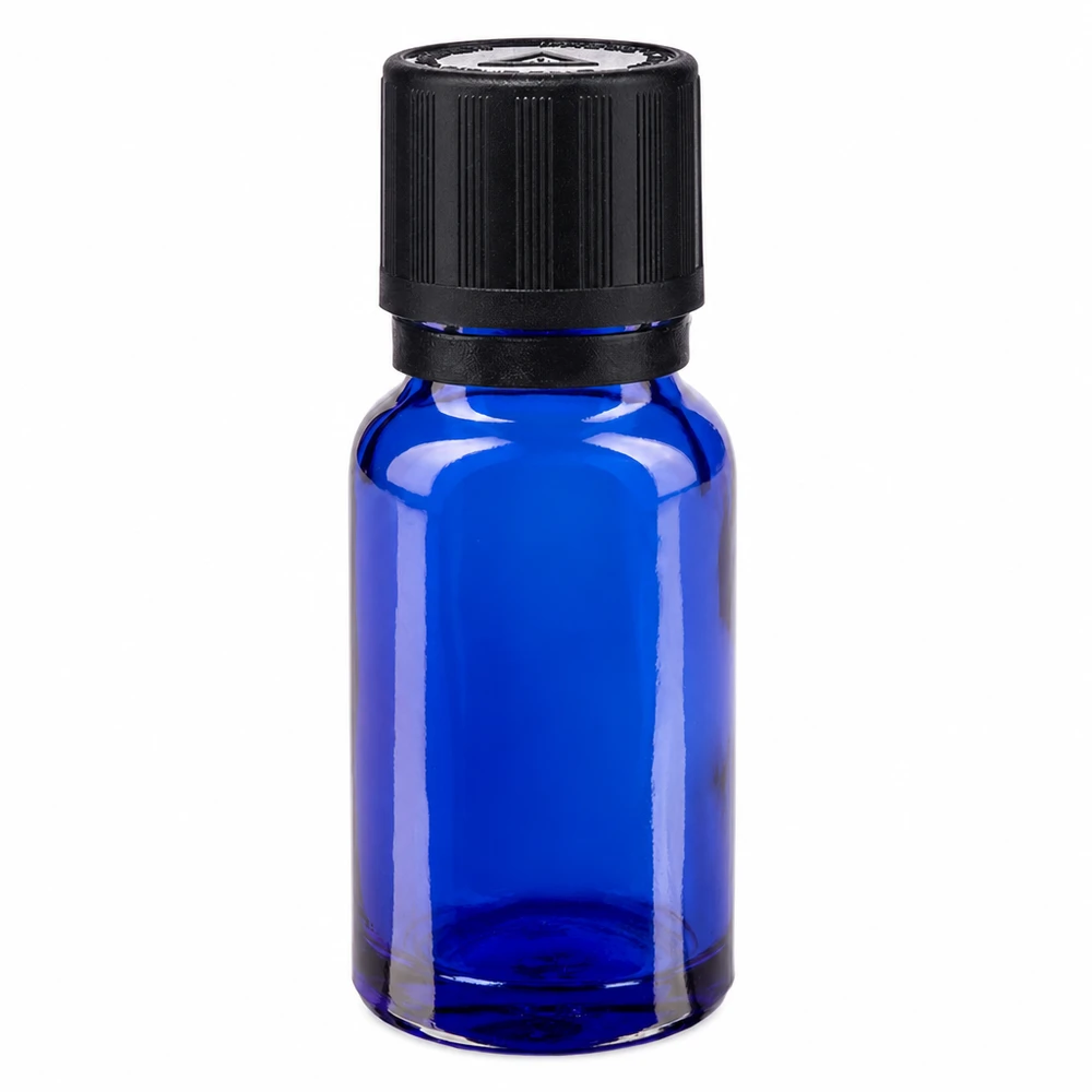 Frasco de vidro azul de farmácia com 10 ml, com tampa preta de segurança para crianças e conta-gotas de 1 mm