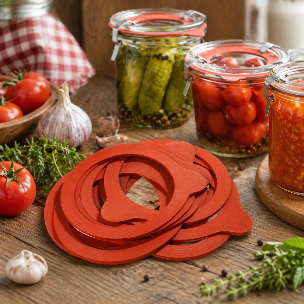 Anel de vedação em borracha natural RR80 Anel de conservação RR80 em borracha natural para conservar frascos numa cena de cozinha com legumes em conserva e alimentos enlatados