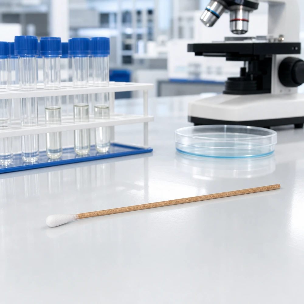 Cotonetes UNSTERIL Cotonetes não esterilizados com cabo longo de madeira no laboratório, ao lado de tubos de ensaio e de um microscópio