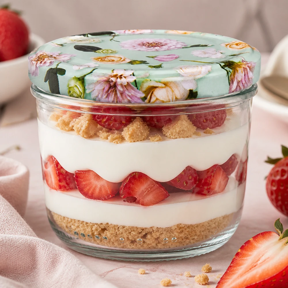 Sturzglas 230ml mit BasicSeal Deckel Blume mint als stylische Dessertschale für Tiramisu mit Erdbeeren verwendet