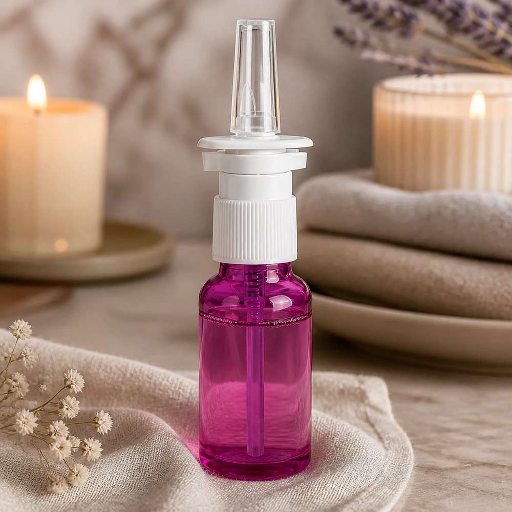 Frasco de spray nasal de 20ml branco/transparente padrão PurpleLine. UT18/20 Frasco de spray nasal de 20 ml com tampa de rosca branca e tubo de spray transparente de cor púrpura