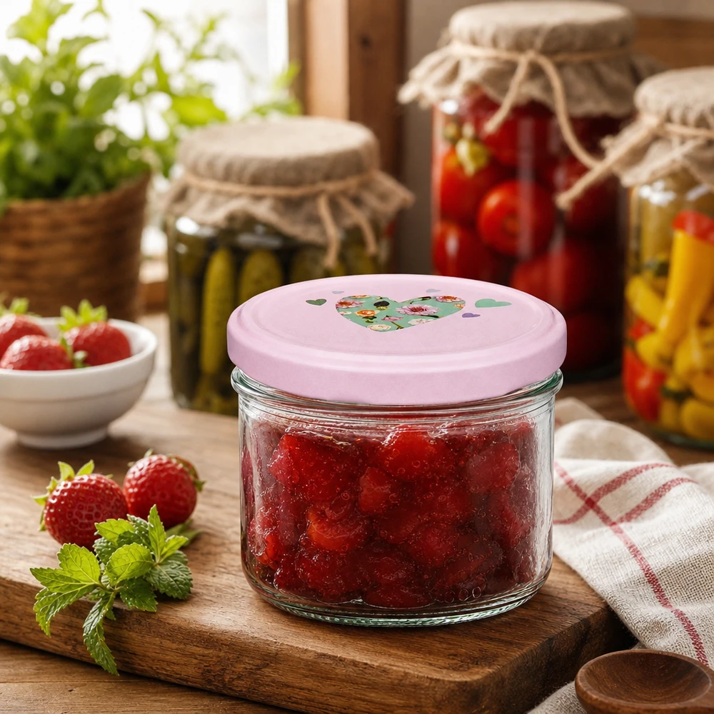 Jarro de 230 ml + tampa BasicSeal coração rosa Frasco cilíndrico de 230 ml com tampa cor-de-rosa em forma de coração cheio de compota de morango sobre uma tábua de madeira numa cozinha rústica