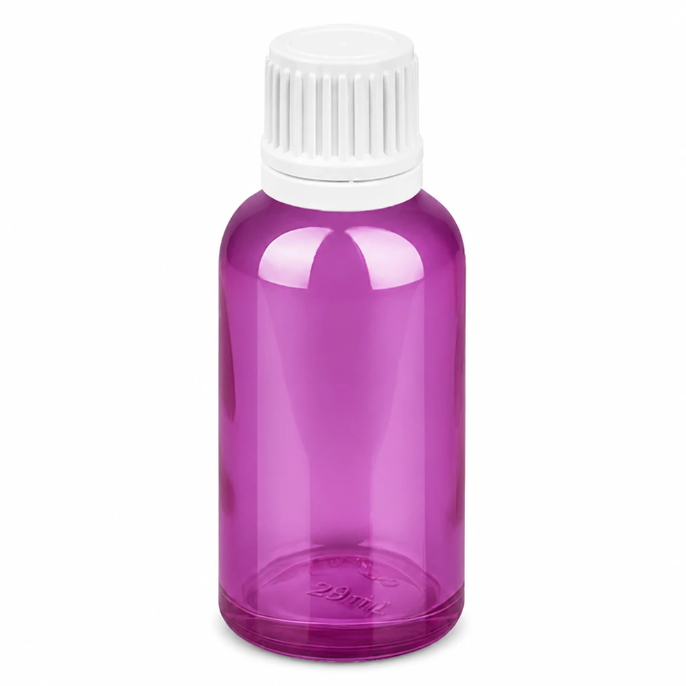 Frasco conta-gotas de 30 ml com tampa de rosca Originality branca de 0,7 mm PurpleLine UT18/30 Frasco conta-gotas de 30 ml roxo com tampa branca Abertura de 0,7 mm para uma dosagem precisa