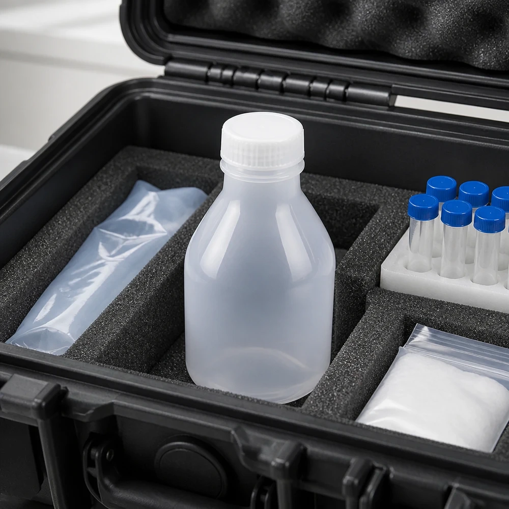 Frasco de laboratório de 20ml com gargalo estreito e sem tampa Frasco de laboratório transparente de 20 ml, de gargalo estreito, sem tampa, numa mala de transporte preta com espuma