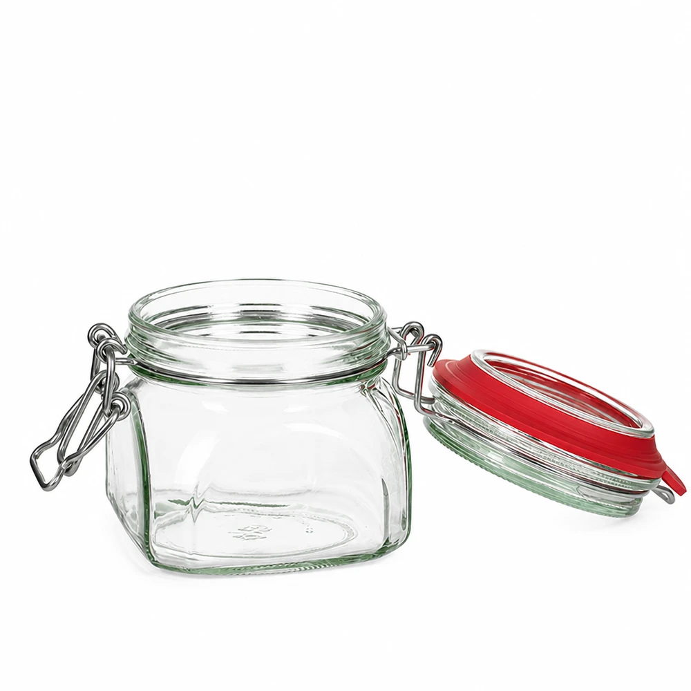 Frasco de conserva de 370 ml, tipo G, com tampa de alça UN.. Frasco de conserva quadrado de 370 ml com uma prática tampa basculante de vidro transparente