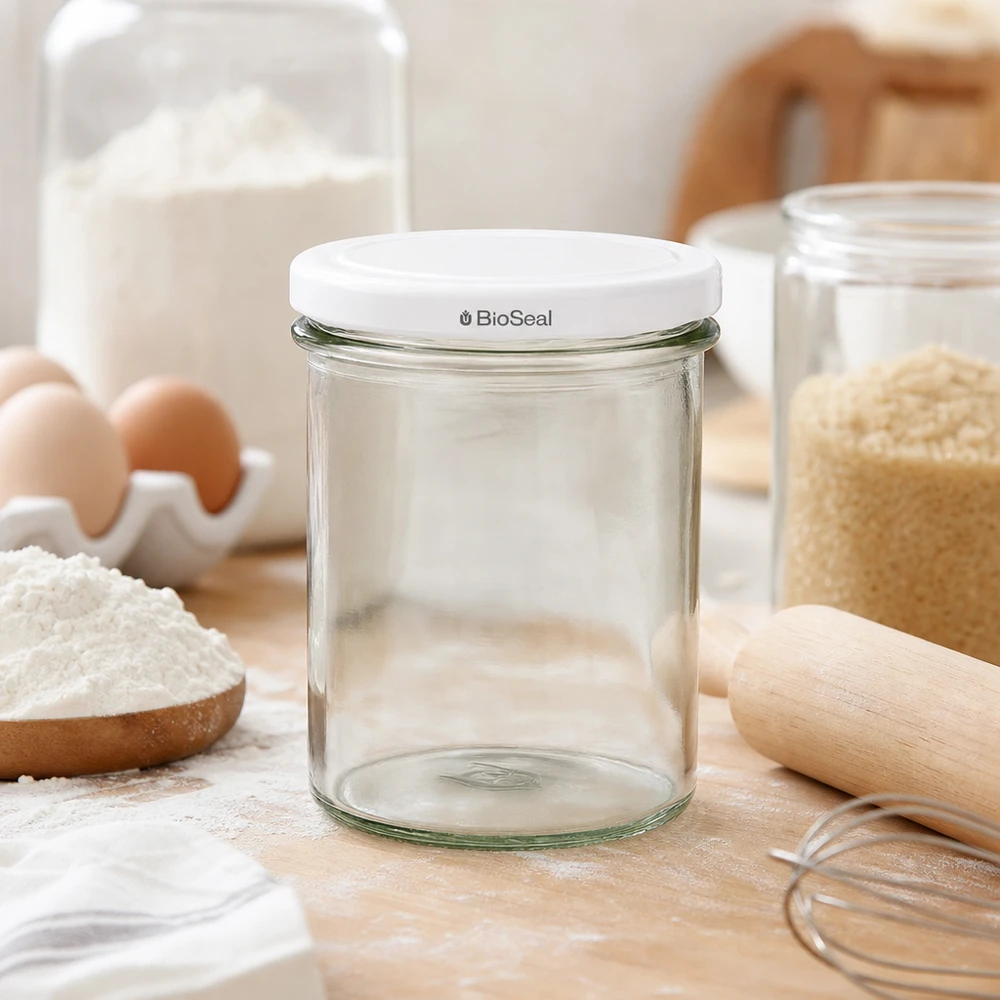 Copos de vidro de 350 ml com tampa branca UNiTWIST BioSeal UNiTWIST Lintel350 Frasco vazio em cena de pastelaria com farinha, ovos e utensílios de cozinha mostra a utilização versátil TO82 BioSeal