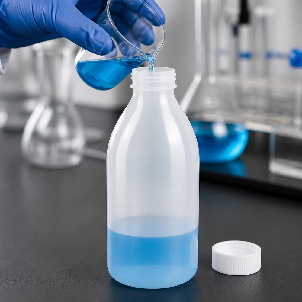 Frasco de rosca de 500ml, frasco de laboratório com gargalo estreito 500ml PE Schraubflasche Enghals neben weißem Deckel und Erlenmeyerkolben