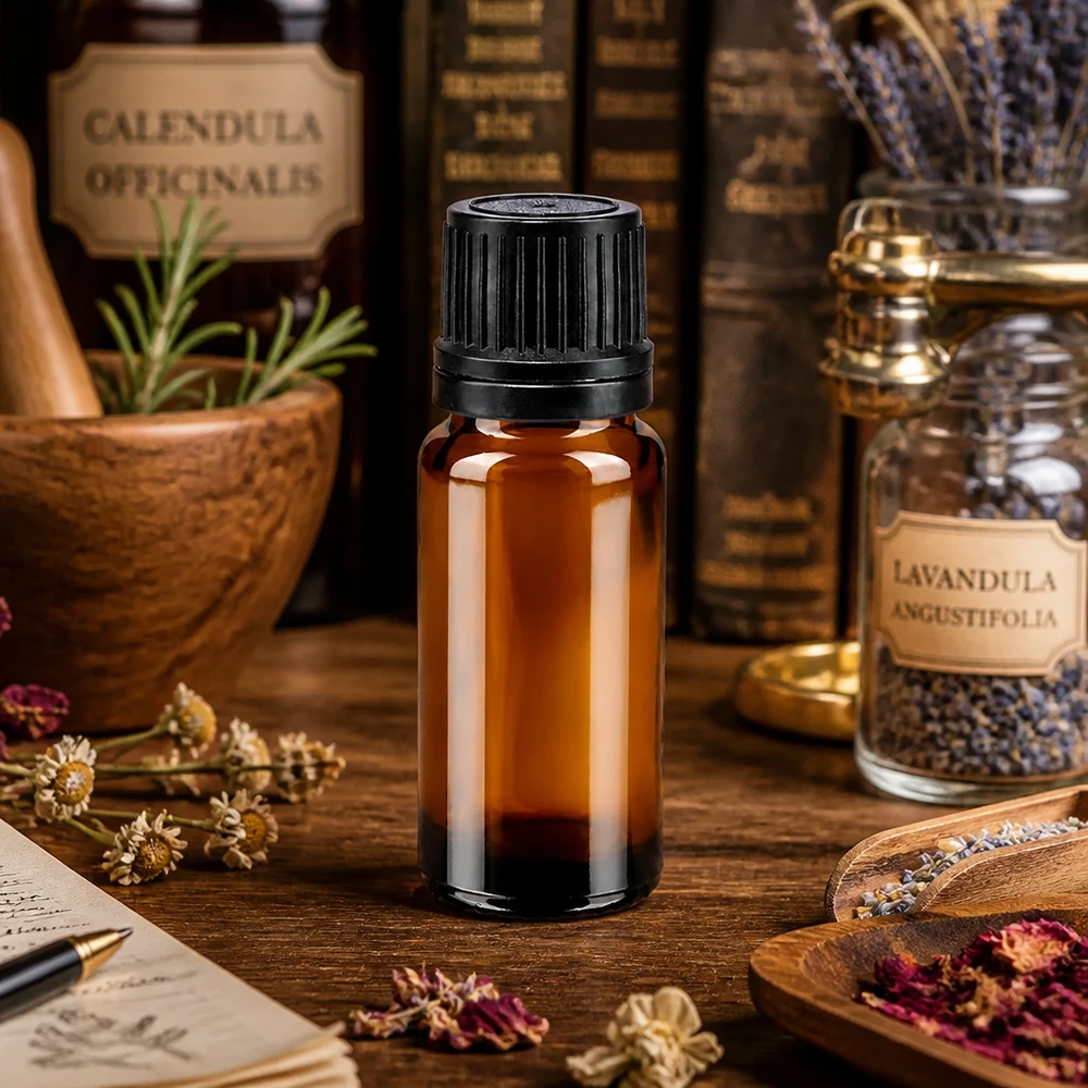 Frasco conta-gotas castanho de 10 ml, em vidro de farmácia, com tampa OV preta, entre ervas medicinais
