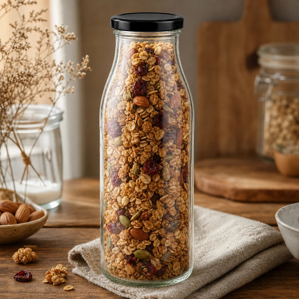 Frasco de vidro de 500 ml + tampa BasicSeal preta UNiTWIST 500ml Glasflasche mit schwarzem Deckel gefüllt mit Müsli und Nüssen auf Holztisch rustikale Küchendeko