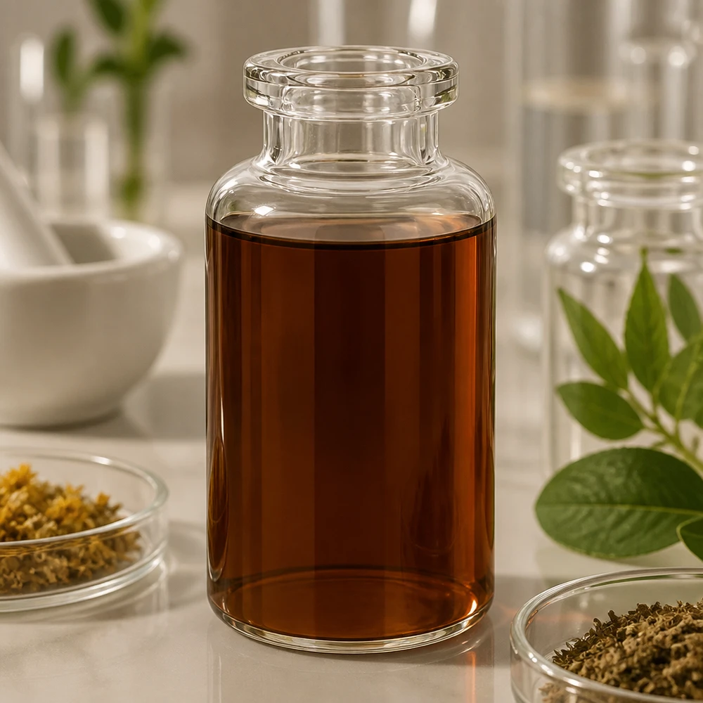 Frasco de injeção de vidro transparente 30ml Injektionsflasche Klarglas 30ml mit dunkelbraunem Pflanzenextrakt in botanischer Laborszene