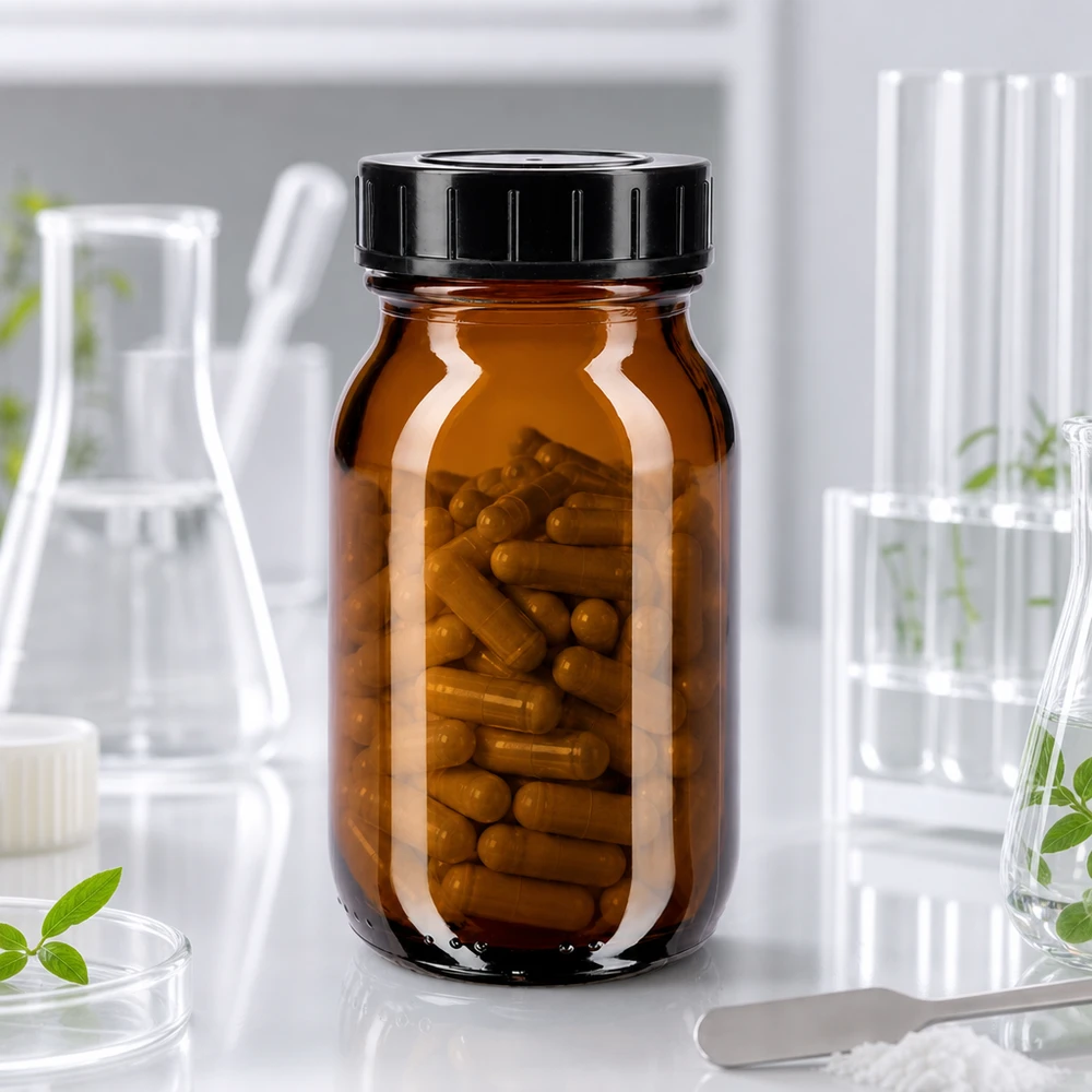 Frasco de vidro âmbar com gargalo largo de 100ml com tampa de rosca Frasco de vidro de gargalo largo de 100 ml em castanho com abertura larga para um enchimento fácil