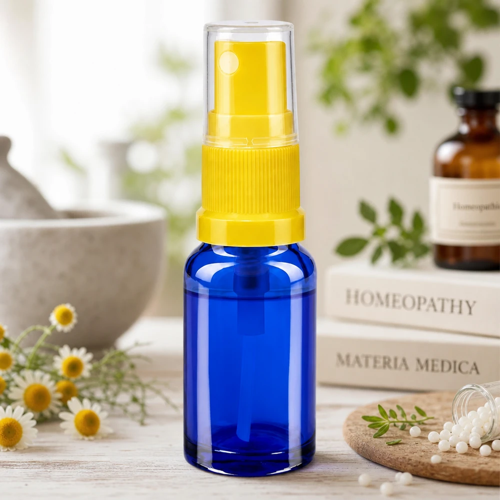 Frasco de farmácia azul 10ml spray top amarelo Frasco de spray homeopático de 10 ml, em vidro azul com pulverizador amarelo, modelo STD da ApoGlas