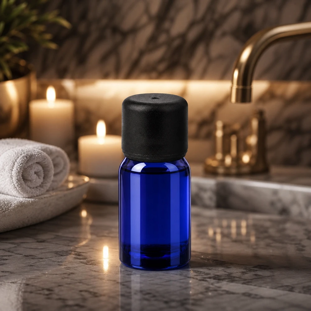 Frasco de vidro BlueLine de 5 ml em azul-cobalto com tampa de rosca preta para aromaterapia
