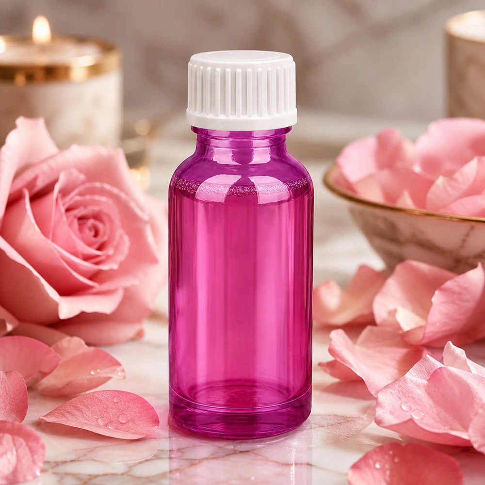Frasco de vidro roxo de 20 ml com tampa branca para aromaterapia e cosmética