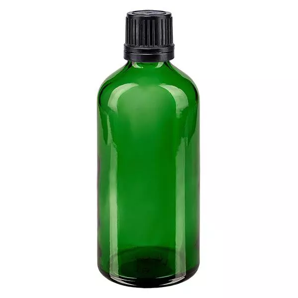 Frasco de farmácia verde 100ml tampa de rosca preta anel de vazamento fecho inviolável Frasco de farmácia verde 100ml tampa de rosca preta anel de vazamento fecho inviolável
